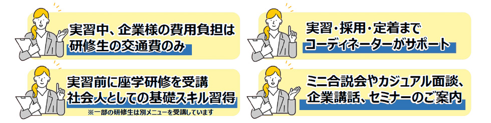 1.実習中、企業様の費用負担は研修生の交通費のみ 2.実習・採用・定着まで弊社コーディネーターがサポート 3.実習前に座学研修を受講。社会人としての基礎スキルを習得 4.ミニ合説会やカジュアル面談、企業講話、セミナーのご案内